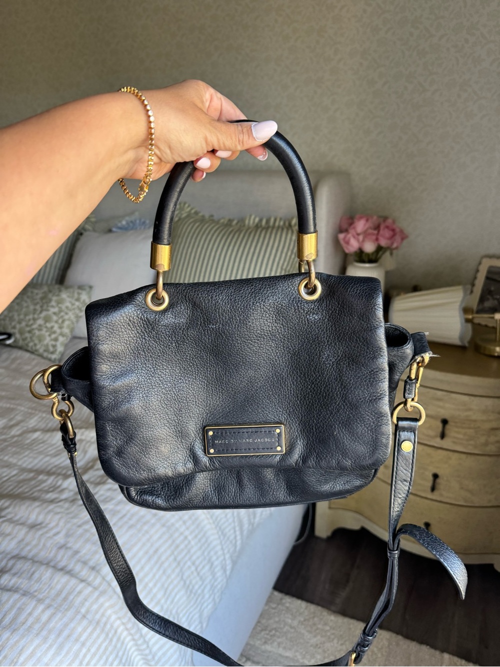 Marc by Marc Jacobs Black Leather Top-Handle Satchel with Gold Hardware